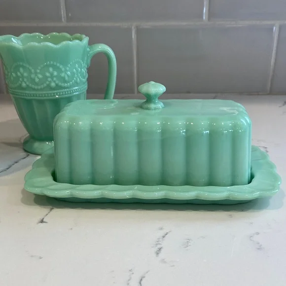 Pioneer Woman Mint Green Glass Butter Dish Creamer Sugar Set - Picture 4 of 16